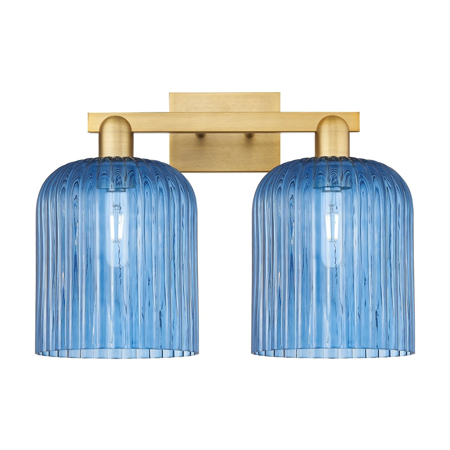 Innovations Bridal Veil 19in 2-Light Bath Vanity | Industrial Brushed Brass and Princess Blue Ribbed Glass | Bathroom Vanity & | Model 716-2W-BB-G559-8BL
