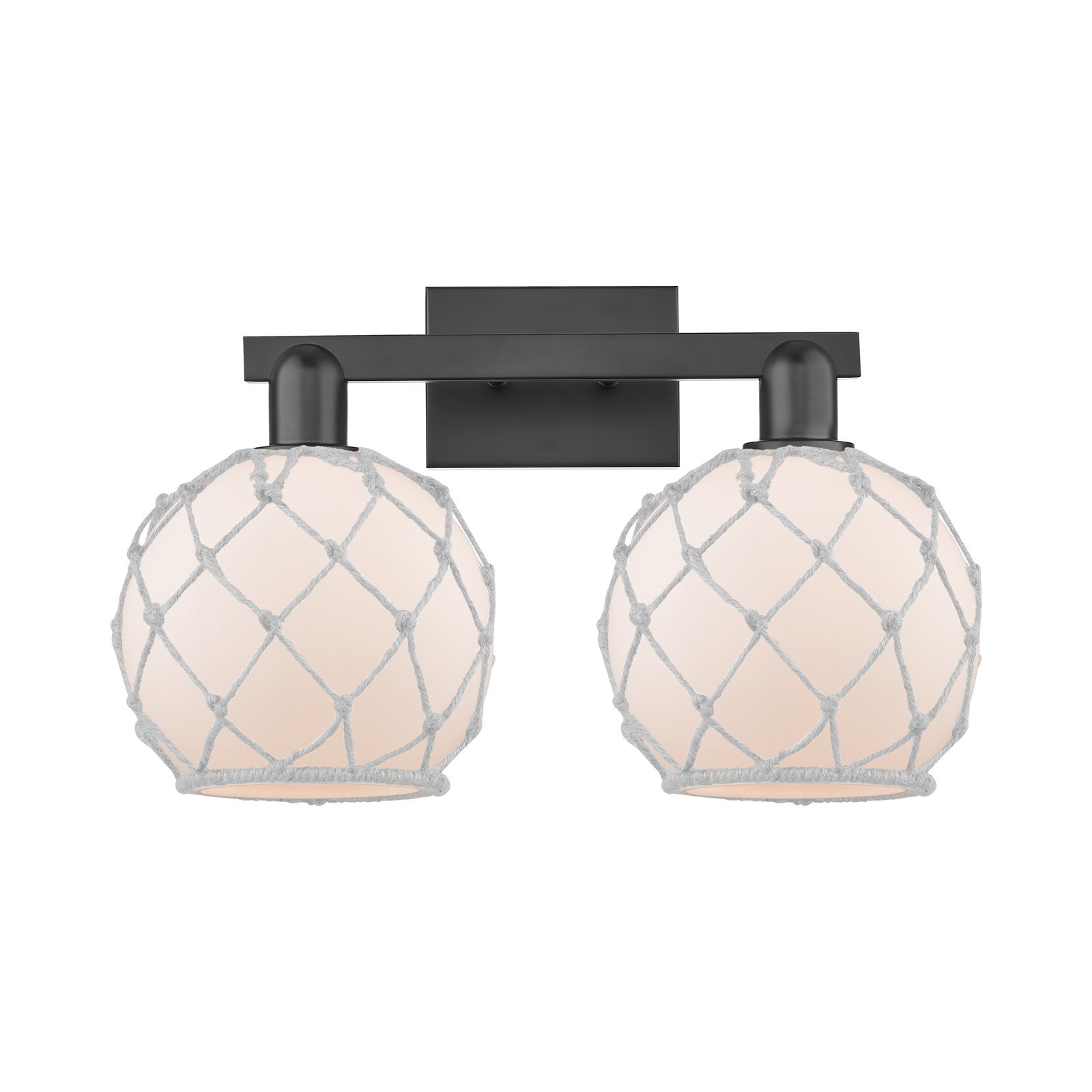 Innovations Farmhouse Rope 19in 2-Light Bath Vanity | Industrial Matte Black Steel and White Frosted Glass with Rope | Bathroom | Model 716-2W-BK-G121-8RW