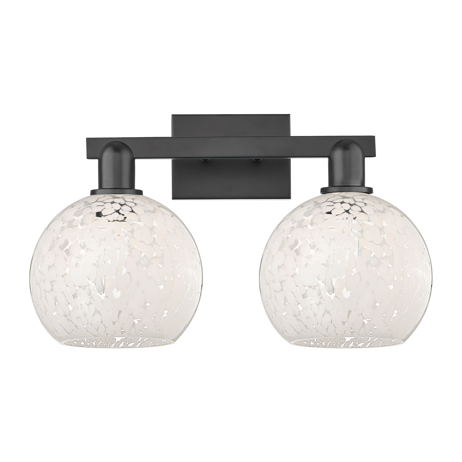 Innovations Lighting White Mouchette 19in 2-Light Bath Vanity | Industrial Matte Black Steel and White Glass Globe Shades | Model 716-2W-BK-G1216-8WM