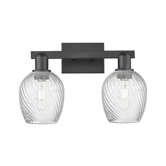 Innovations Salina 2-Light 17in Bath Vanity Light | Industrial Matte Black Steel and Clear Spiral Fluted Glass | Bathroom Vanity & | Model 716-2W-BK-G292