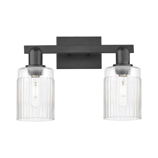 Innovations Hadley 16in 2-Light Bath Vanity Light | Industrial Matte Black Steel and Clear Ribbed Glass | Bathroom Vanity | 15.5 x | Model 716-2W-BK-G342