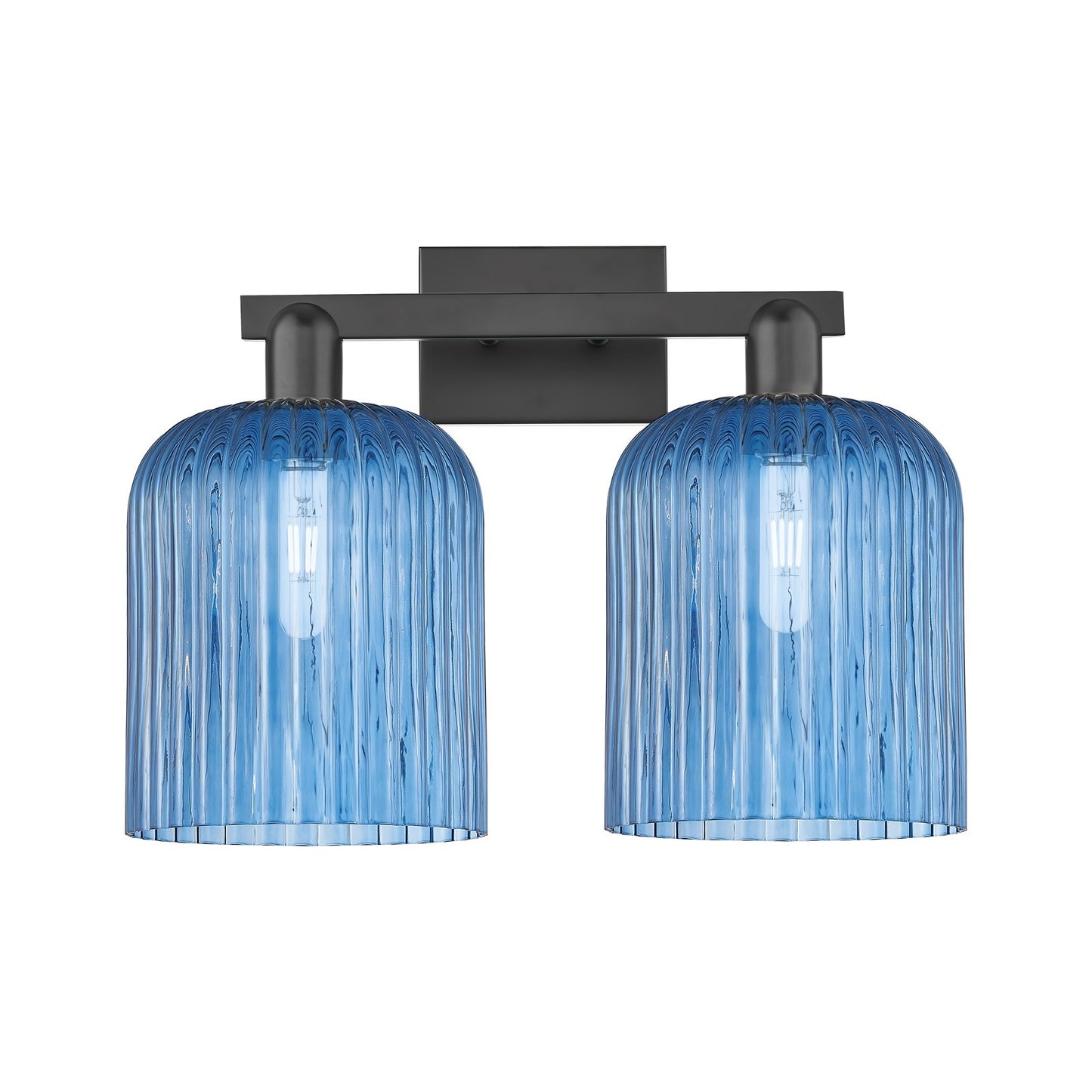 Innovations Bridal Veil 19in 2-Light Bath Vanity Light | Industrial Matte Black Steel and Princess Blue Ribbed Glass | Bathroom | Model 716-2W-BK-G559-8BL