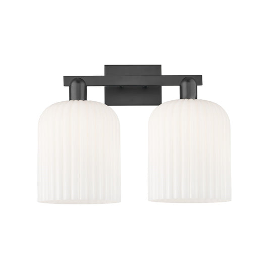 Innovations Bridal Veil 19in 2-Light Bath Vanity Light | Industrial Matte Black Steel and Gloss White Ribbed Glass | Bathroom | Model 716-2W-BK-G559-8GWH