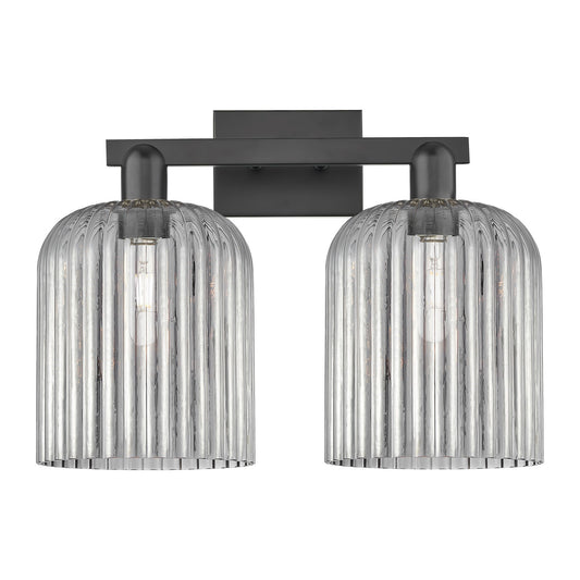 Innovations Bridal Veil 19in 2-Light Bath Vanity Light | Industrial Matte Black Steel and Light Smoke Ribbed Glass | Bathroom | Model 716-2W-BK-G559-8SM