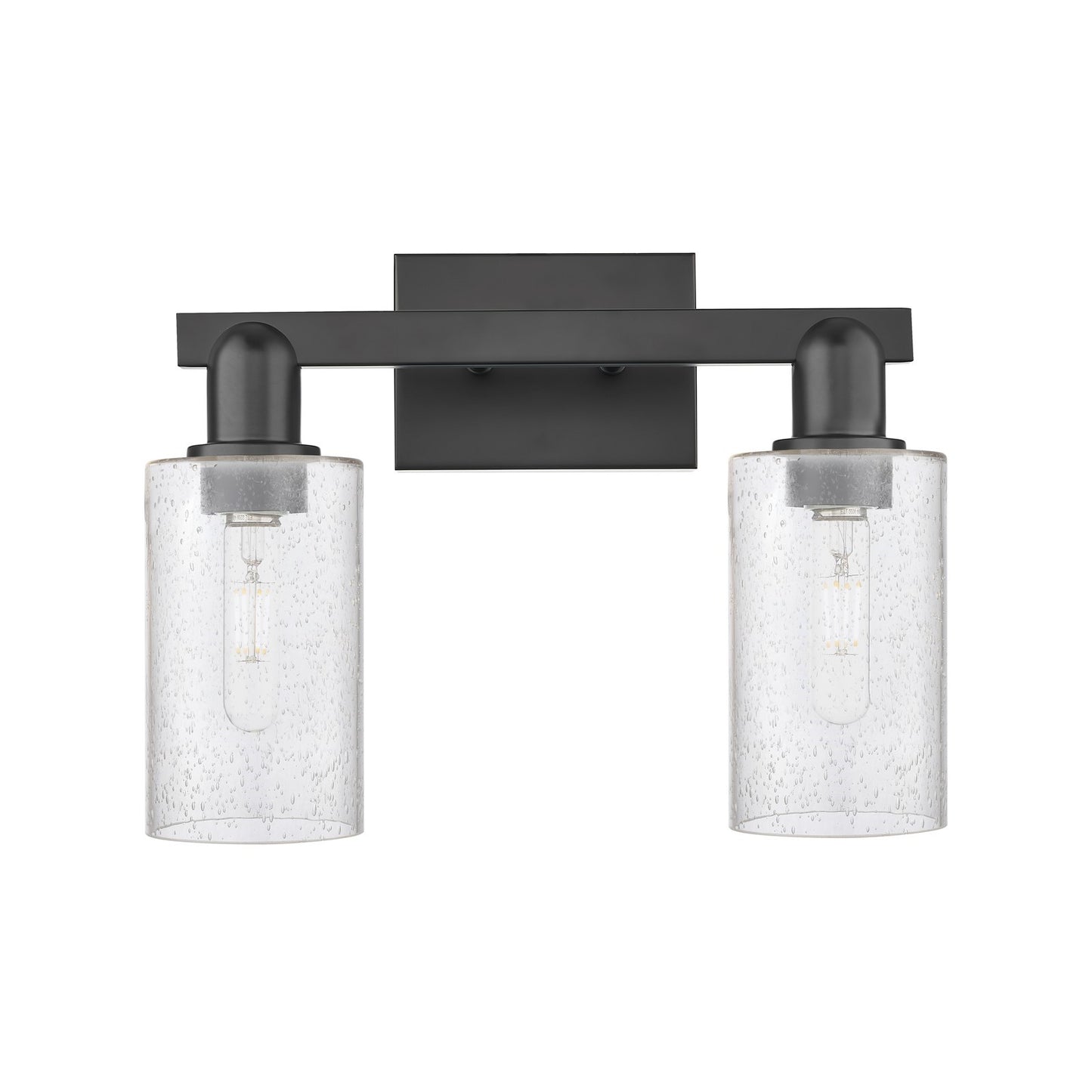 Innovations Clymer 15in 2-Light Bath Vanity Light | Industrial Matte Black Steel and Seedy Glass | Bathroom Vanity | 14.88 x 10.62 | Model 716-2W-BK-G804