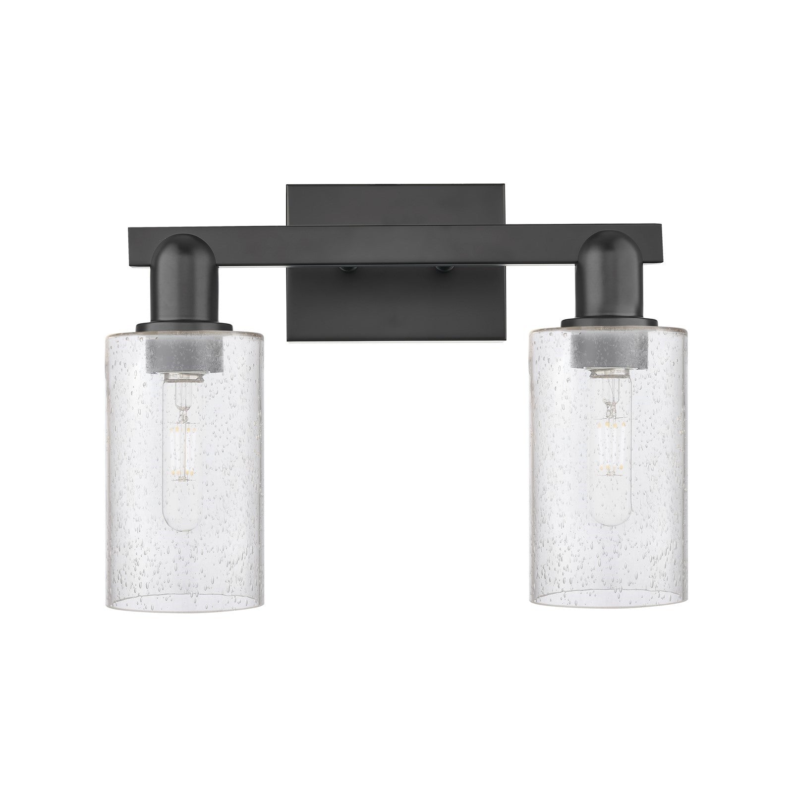 Innovations Clymer 15in 2-Light Bath Vanity Light | Industrial Matte Black Steel and Seedy Glass | Bathroom Vanity | 14.88 x 10.62 | Model 716-2W-BK-G804