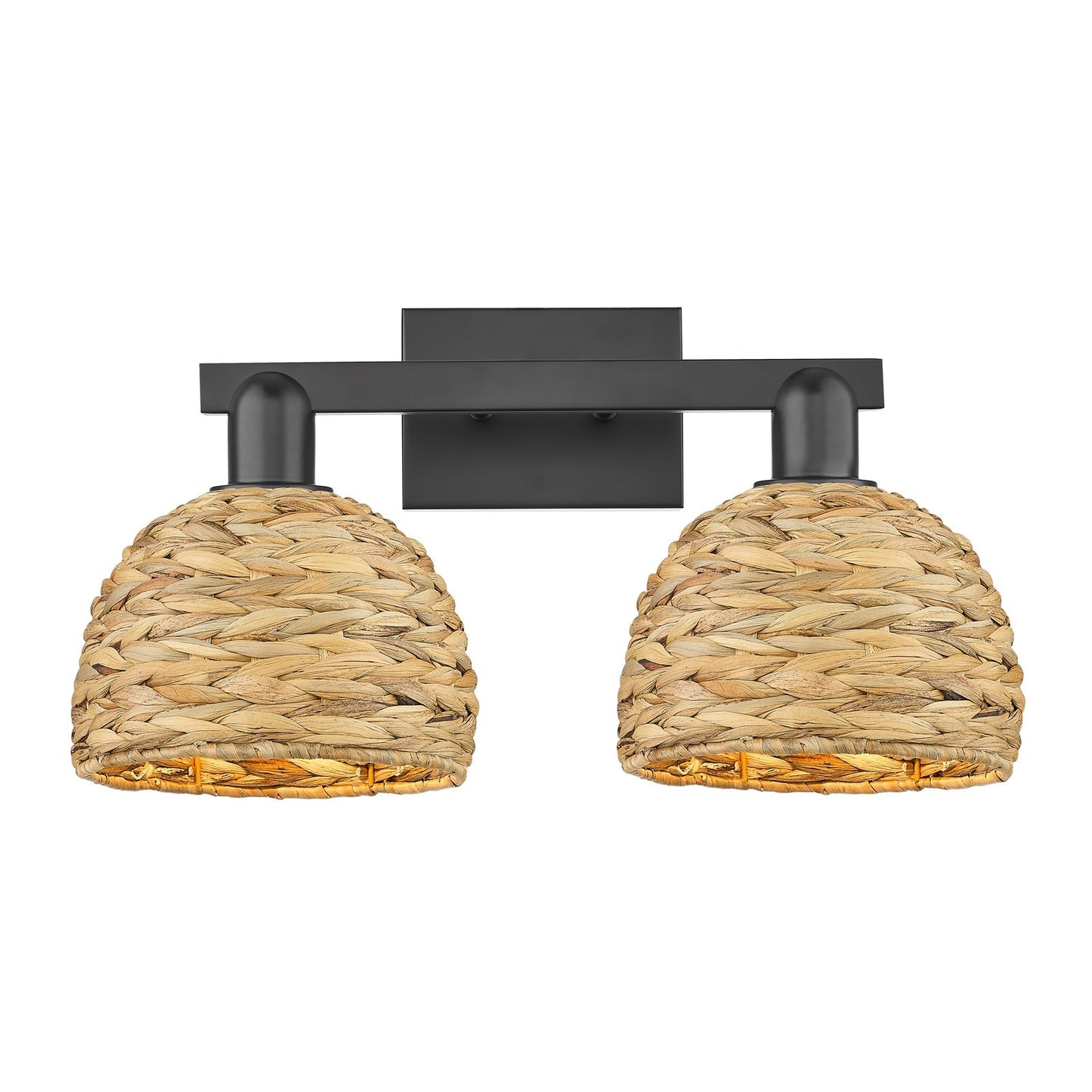 Innovations Woven Rattan 19in 2-Light Bath Vanity | Industrial Matte Black Steel and Natural Fiber Dome Shade | Bathroom & | Model 716-2W-BK-RBD-8-NAT