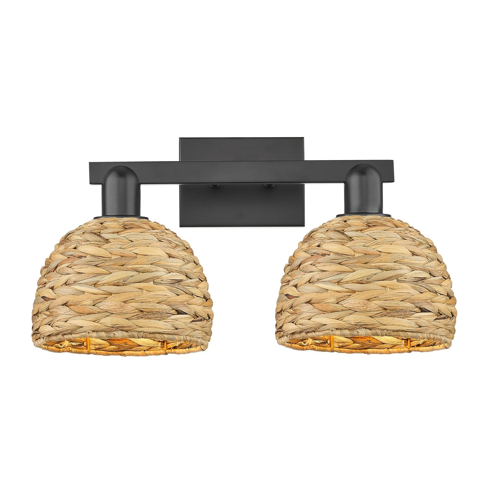 Innovations Woven Rattan 19in 2-Light Bath Vanity | Industrial Matte Black Steel and Natural Fiber Dome Shade | Bathroom & | Model 716-2W-BK-RBD-8-NAT