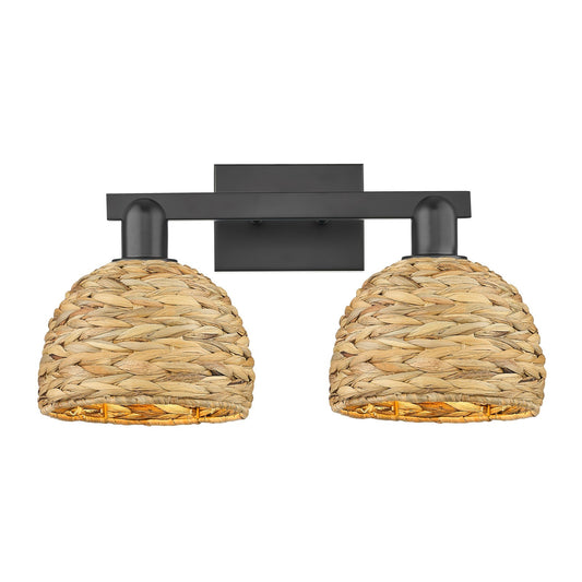 Innovations Woven Rattan 19in 2-Light Bath Vanity | Industrial Matte Black Steel and Natural Fiber Dome Shade | Bathroom & | Model 716-2W-BK-RBD-8-NAT