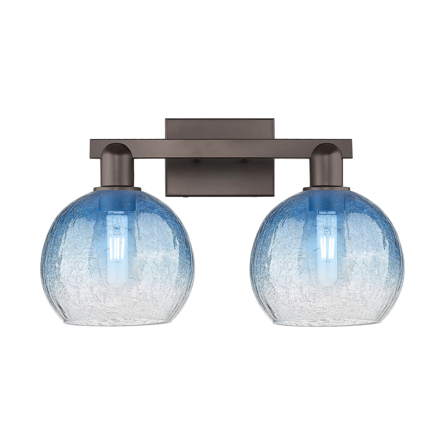 Innovations Brookhaven Globe 19in 2-Light Bath Vanity Light | Industrial Oil Rubbed Bronze and Sapphire Blue Glass | Bathroom | Model 716-2W-OB-G483-8SB