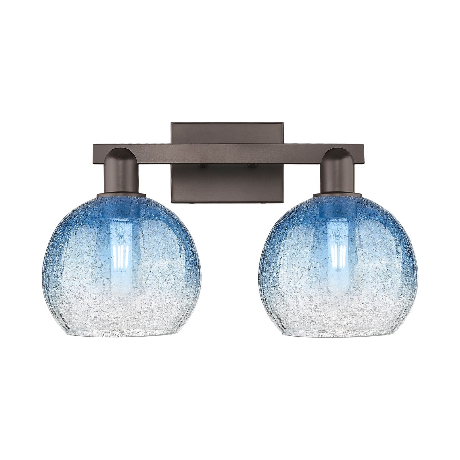 Innovations Brookhaven Globe 19in 2-Light Bath Vanity Light | Industrial Oil Rubbed Bronze and Sapphire Blue Glass | Bathroom | Model 716-2W-OB-G483-8SB