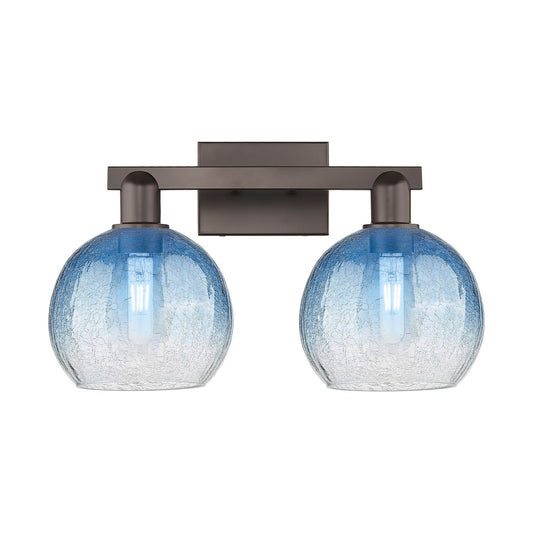 Innovations Brookhaven Globe 19in 2-Light Bath Vanity Light | Industrial Oil Rubbed Bronze and Sapphire Blue Glass | Bathroom | Model 716-2W-OB-G483-8SB