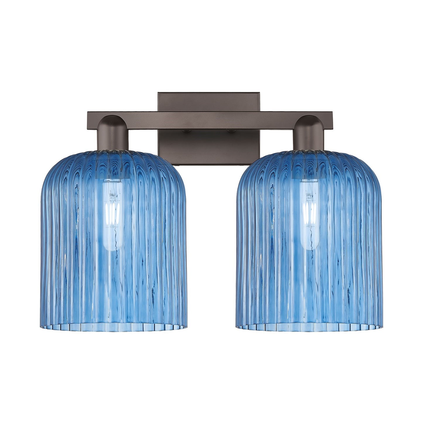 Innovations Bridal Veil 19in 2-Light Bath Vanity | Industrial Oil Rubbed Bronze Steel and Princess Blue Ribbed Glass | Bathroom | Model 716-2W-OB-G559-8BL