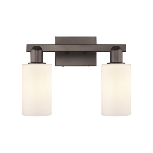 Innovations Clymer 15in 2-Light Bath Vanity Light | Industrial Oil Rubbed Bronze Steel and Matte White Glass | Bathroom Vanity | Model 716-2W-OB-G801