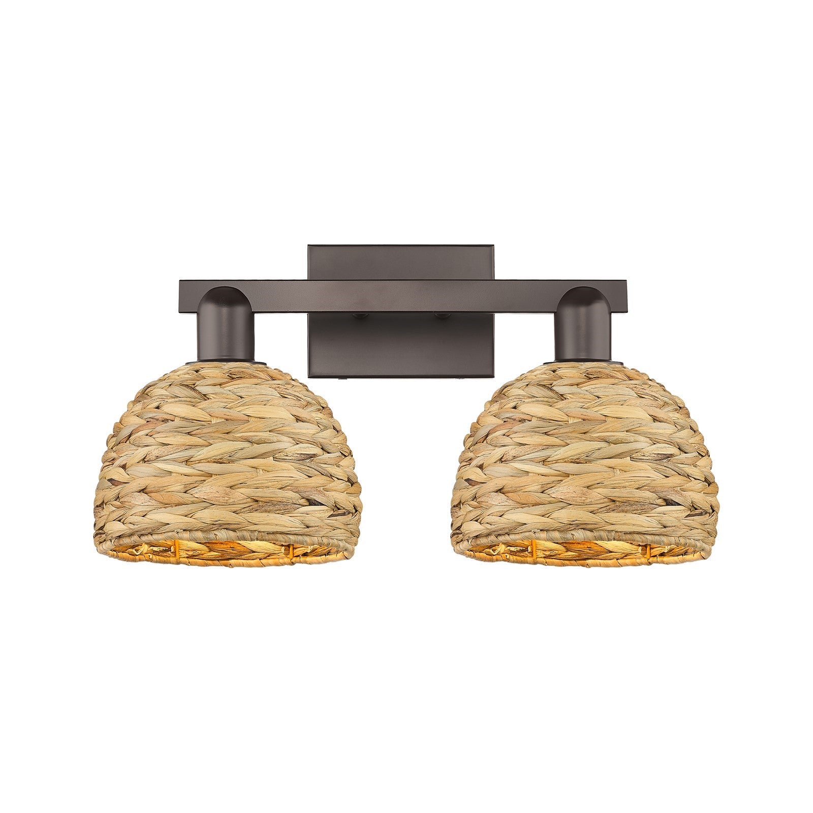 Innovations Woven Rattan 19in 2-Light Bath Vanity Light | Industrial Oil Rubbed Bronze Steel and Natural Fiber Dome Shade | Model 716-2W-OB-RBD-8-NAT
