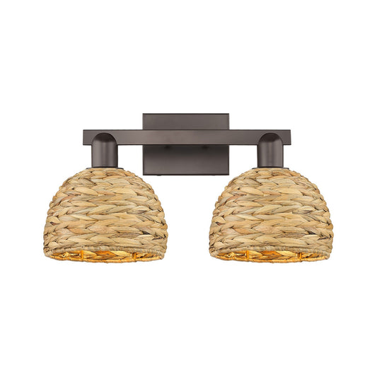 Innovations Woven Rattan 19in 2-Light Bath Vanity Light | Industrial Oil Rubbed Bronze Steel and Natural Fiber Dome Shade | Model 716-2W-OB-RBD-8-NAT