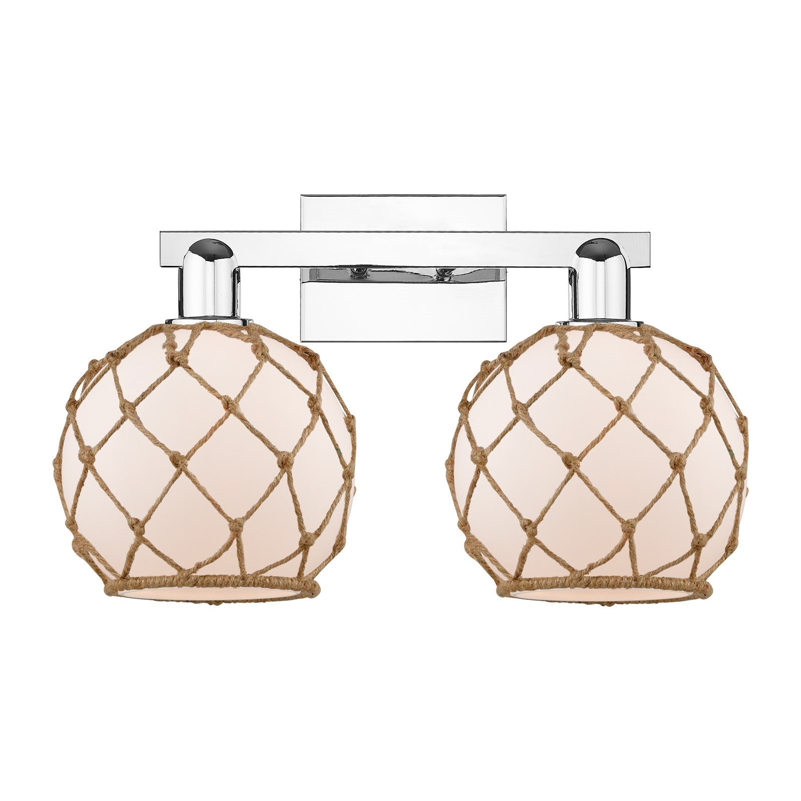 Innovations Farmhouse Rope 19in 2-Light Bath Vanity | Industrial Polished Chrome and White Glass with Brown Rope | Bathroom | Model 716-2W-PC-G121-8RB