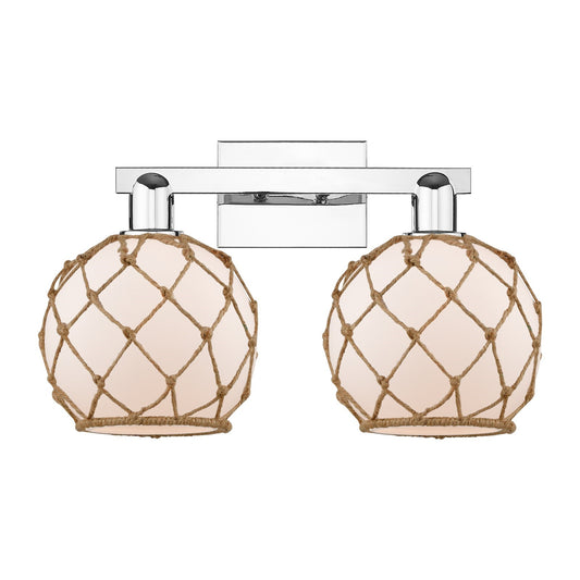 Innovations Farmhouse Rope 19in 2-Light Bath Vanity | Industrial Polished Chrome and White Glass with Brown Rope | Bathroom | Model 716-2W-PC-G121-8RB
