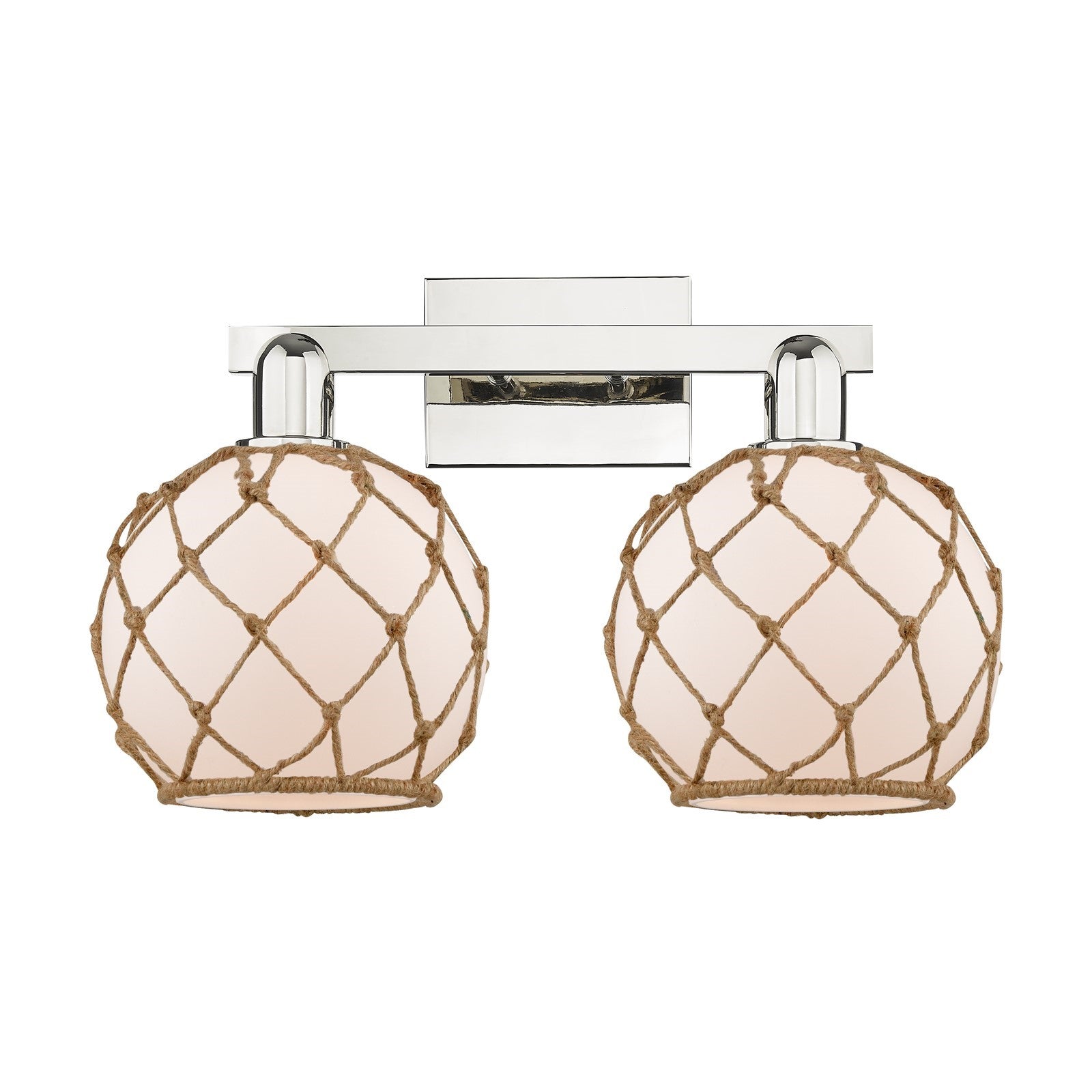Innovations Farmhouse Rope 19in 2-Light Bath Vanity | Industrial Polished Nickel and White Glass with Brown Rope | Bathroom | Model 716-2W-PN-G121-8RB