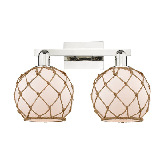 Innovations Farmhouse Rope 19in 2-Light Bath Vanity | Industrial Polished Nickel and White Glass with Brown Rope | Bathroom | Model 716-2W-PN-G121-8RB