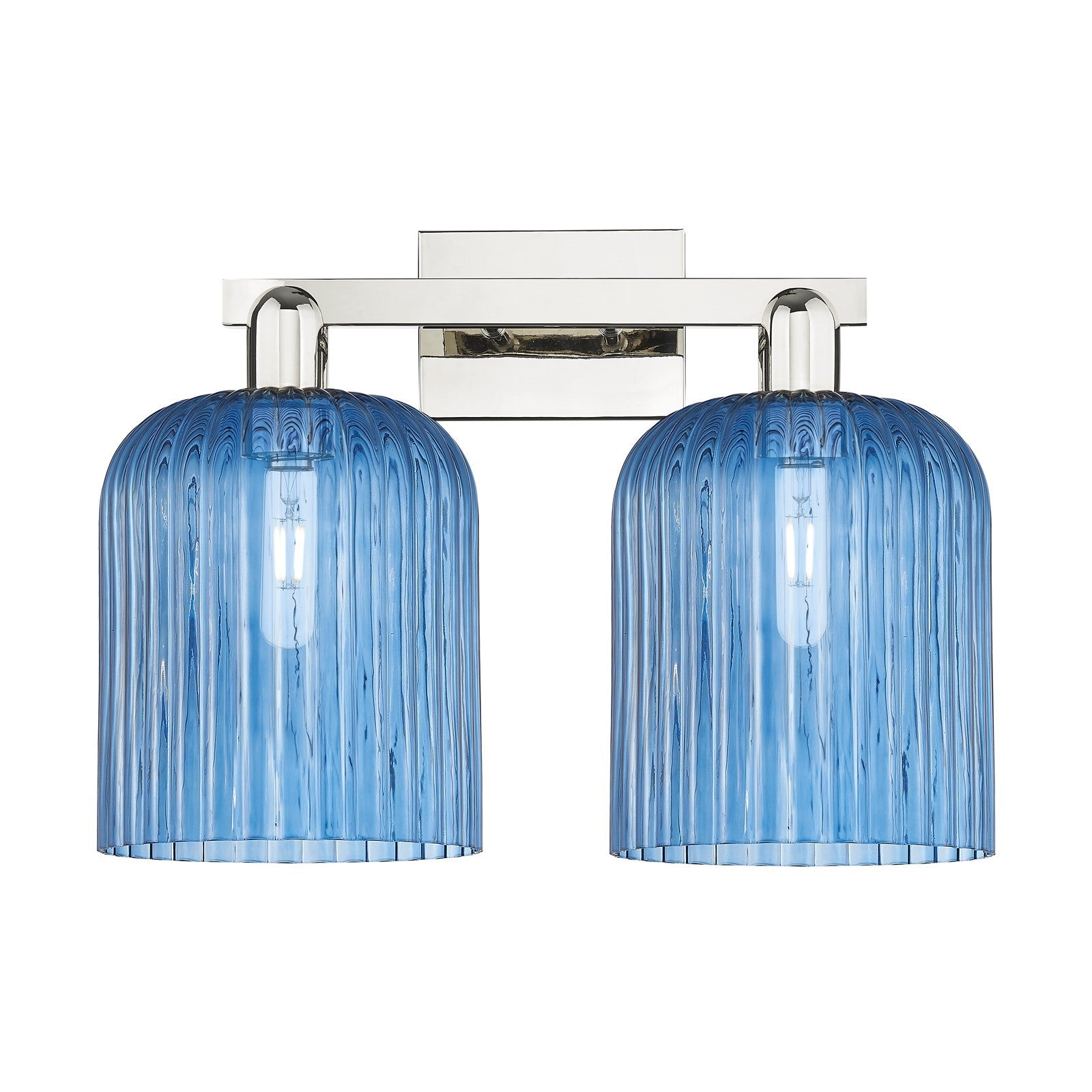 Innovations Bridal Veil 19in 2-Light Bath Vanity | Industrial Transitional Polished Nickel and Princess Blue Ribbed Glass | Model 716-2W-PN-G559-8BL