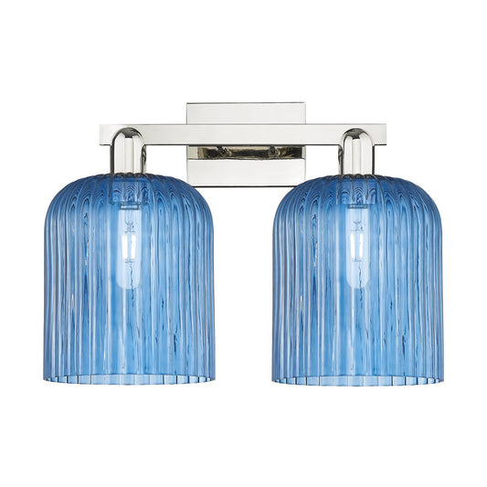 Innovations Bridal Veil 19in 2-Light Bath Vanity | Industrial Transitional Polished Nickel and Princess Blue Ribbed Glass | Model 716-2W-PN-G559-8BL