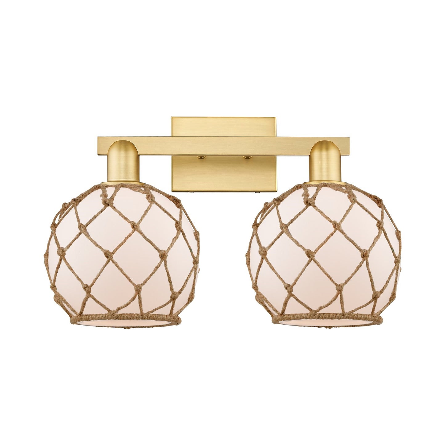 Innovations Farmhouse Rope 19in 2-Light Bath Vanity | Industrial Satin Gold Steel and White Frosted Glass with Brown Rope | Model 716-2W-SG-G121-8RB