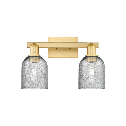 Innovations Caledonia 16in 2-Light Bath Vanity Light | Industrial Satin Gold Steel and Charcoal Glass | Bathroom Vanity & Powder | Model 716-2W-SG-G257