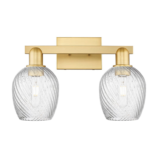 Innovations Salina 2-Light 17in Bath Vanity Light | Industrial Satin Gold Steel and Clear Spiral Fluted Glass | Bathroom Vanity | Model 716-2W-SG-G292
