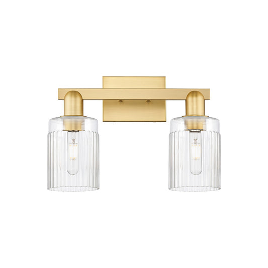 Innovations Hadley 16in 2-Light Bath Vanity Light | Industrial Satin Gold Steel and Clear Ribbed Glass | Bathroom Vanity | 15.5 x | Model 716-2W-SG-G342