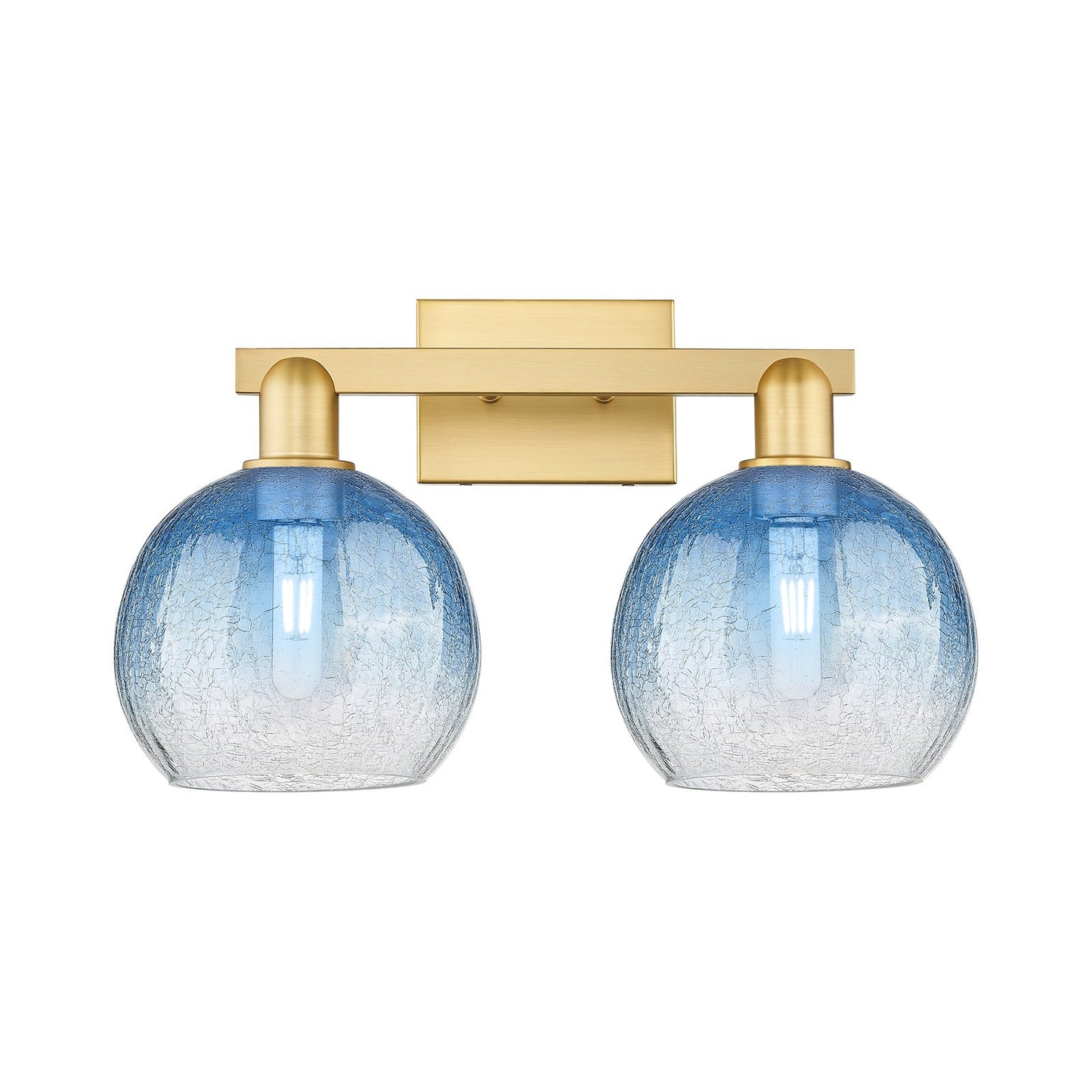 Innovations Brookhaven Globe 19in 2-Light Bath Vanity Light | Industrial Satin Gold Steel and Sapphire Blue Glass | Bathroom | Model 716-2W-SG-G483-8SB