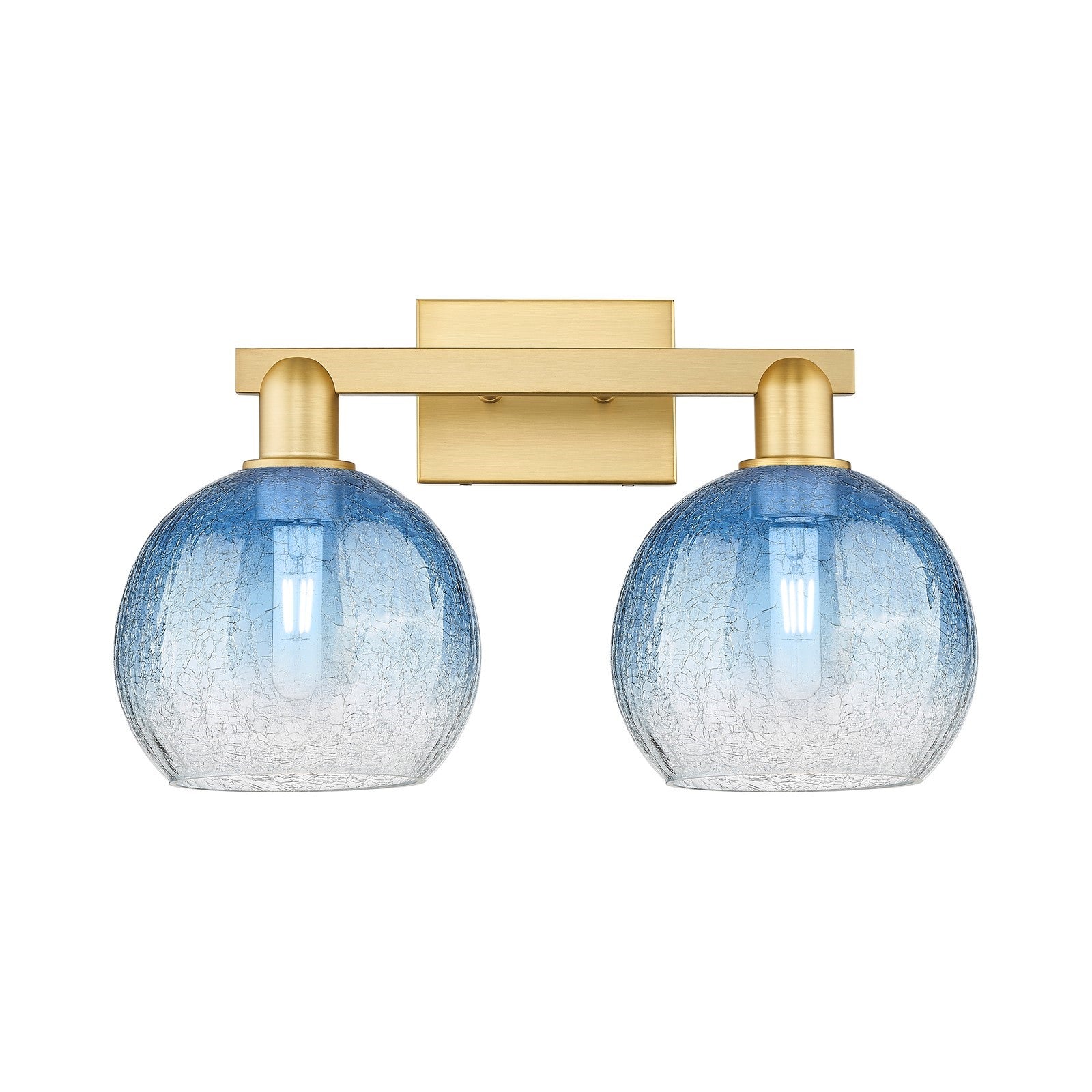 Innovations Brookhaven Globe 19in 2-Light Bath Vanity Light | Industrial Satin Gold Steel and Sapphire Blue Glass | Bathroom | Model 716-2W-SG-G483-8SB