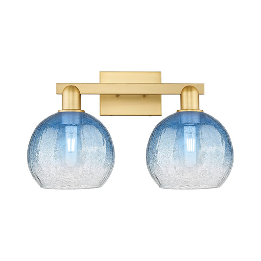 Innovations Brookhaven Globe 19in 2-Light Bath Vanity Light | Industrial Satin Gold Steel and Sapphire Blue Glass | Bathroom | Model 716-2W-SG-G483-8SB