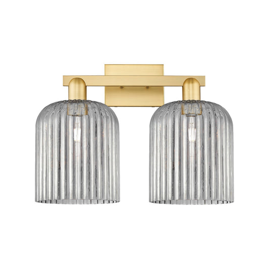 Innovations Bridal Veil 19in 2-Light Bath Vanity Light | Industrial Satin Gold Steel and Cast Brass with Light Smoke Ribbed | Model 716-2W-SG-G559-8SM