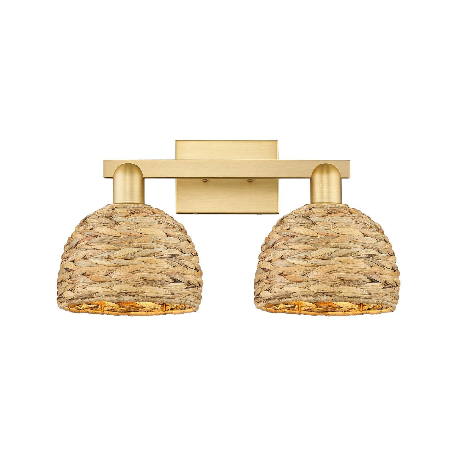 Innovations Woven Rattan 19in 2-Light Bath Vanity | Industrial Satin Gold Steel and Natural Fiber Shade | Bathroom Vanity | Model 716-2W-SG-RBD-8-NAT