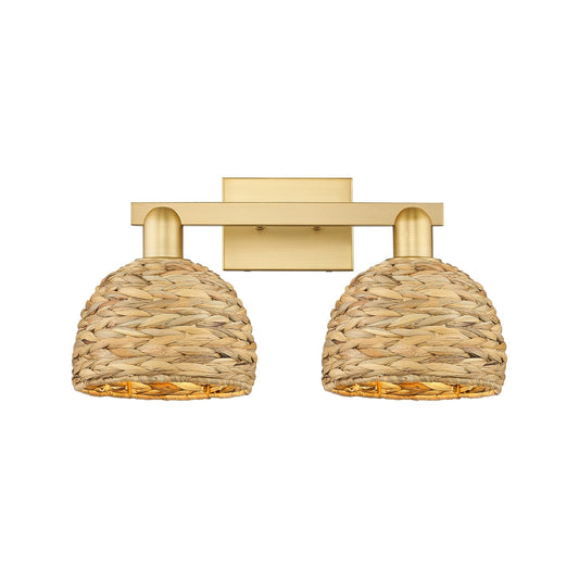 Innovations Woven Rattan 19in 2-Light Bath Vanity | Industrial Satin Gold Steel and Natural Fiber Shade | Bathroom Vanity | Model 716-2W-SG-RBD-8-NAT