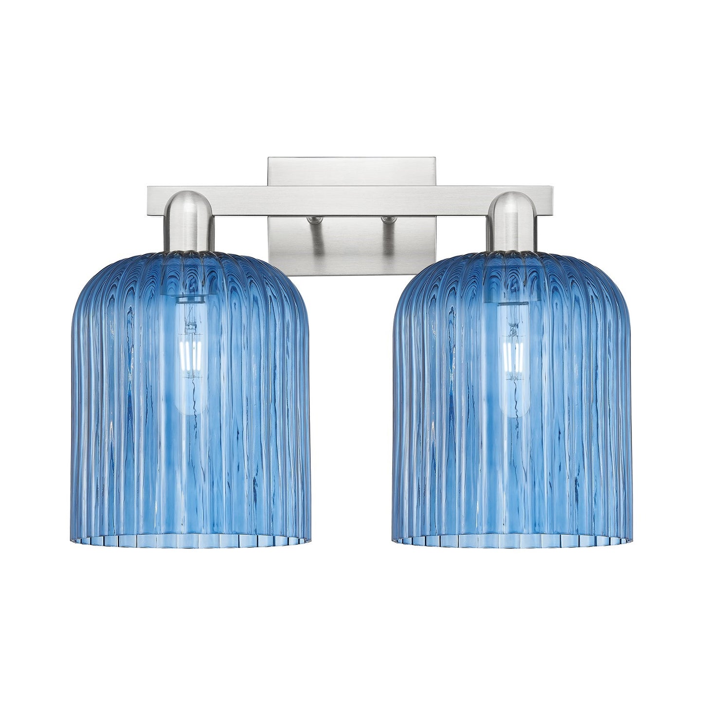 Innovations Bridal Veil 19in 2-Light Bath Vanity | Industrial Brushed Satin Nickel and Princess Blue Ribbed Glass | Bathroom | Model 716-2W-SN-G559-8BL