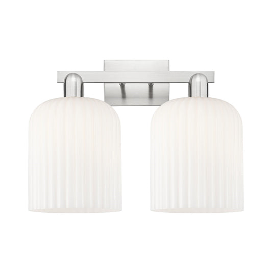 Innovations Bridal Veil 19in 2-Light Bath Vanity Light | Industrial Brushed Satin Nickel and Gloss White Ribbed Glass | Model 716-2W-SN-G559-8GWH