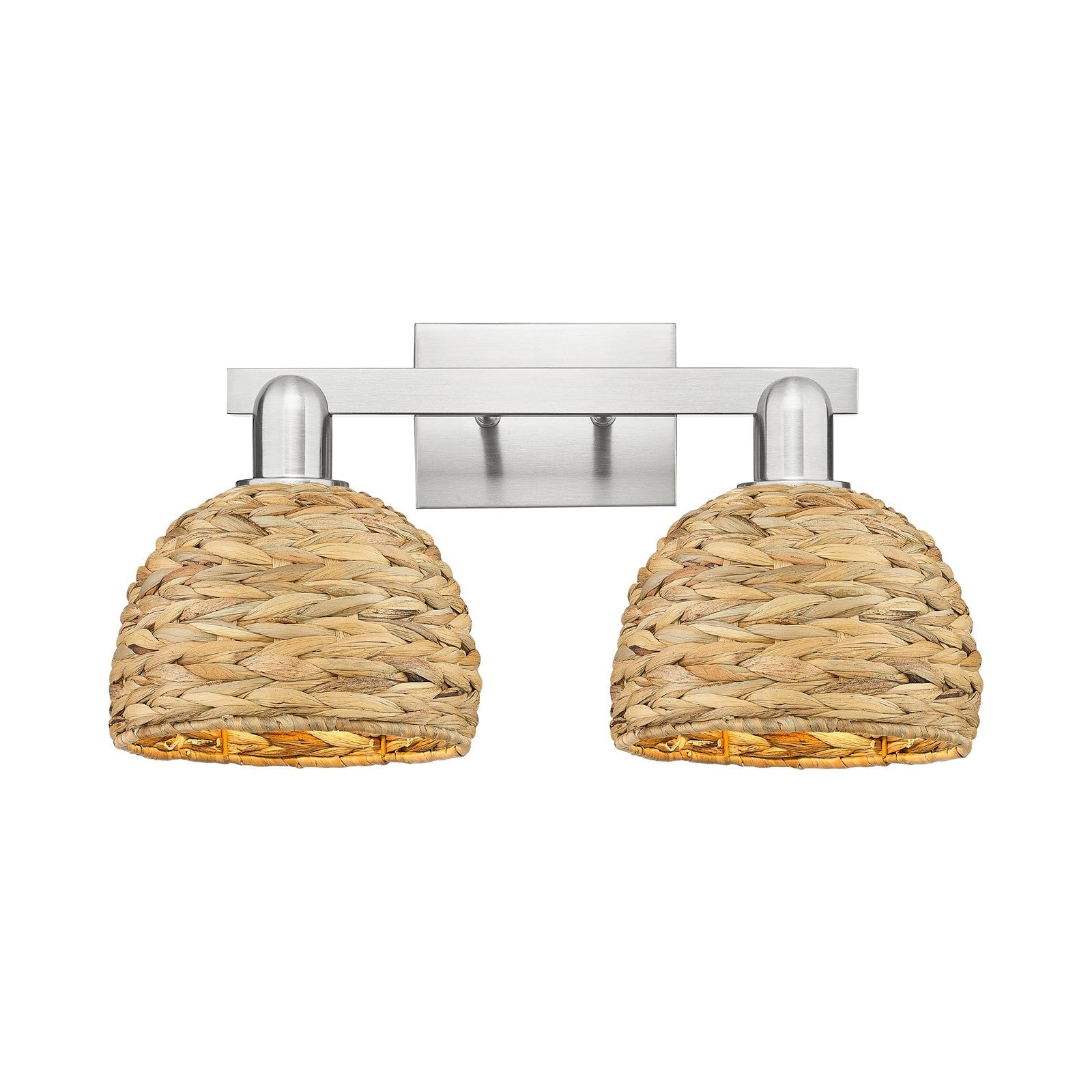Innovations Woven Rattan 19in 2-Light Bath Vanity Light | Industrial Brushed Satin Nickel and Natural Fiber Dome Shade | Model 716-2W-SN-RBD-8-NAT