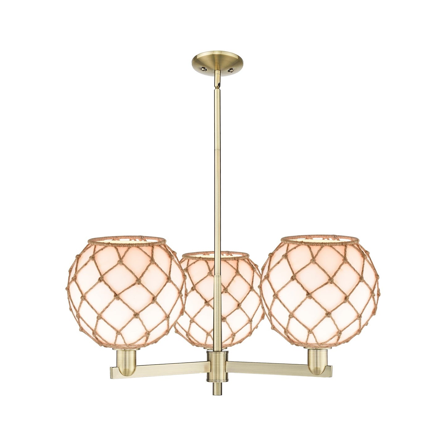 Innovations Farmhouse Rope 32in 3-Light Pendant | Industrial Antique Brass Steel and Matte White Glass with Brown Rope | Model 716-3CR-AB-G121-10RB