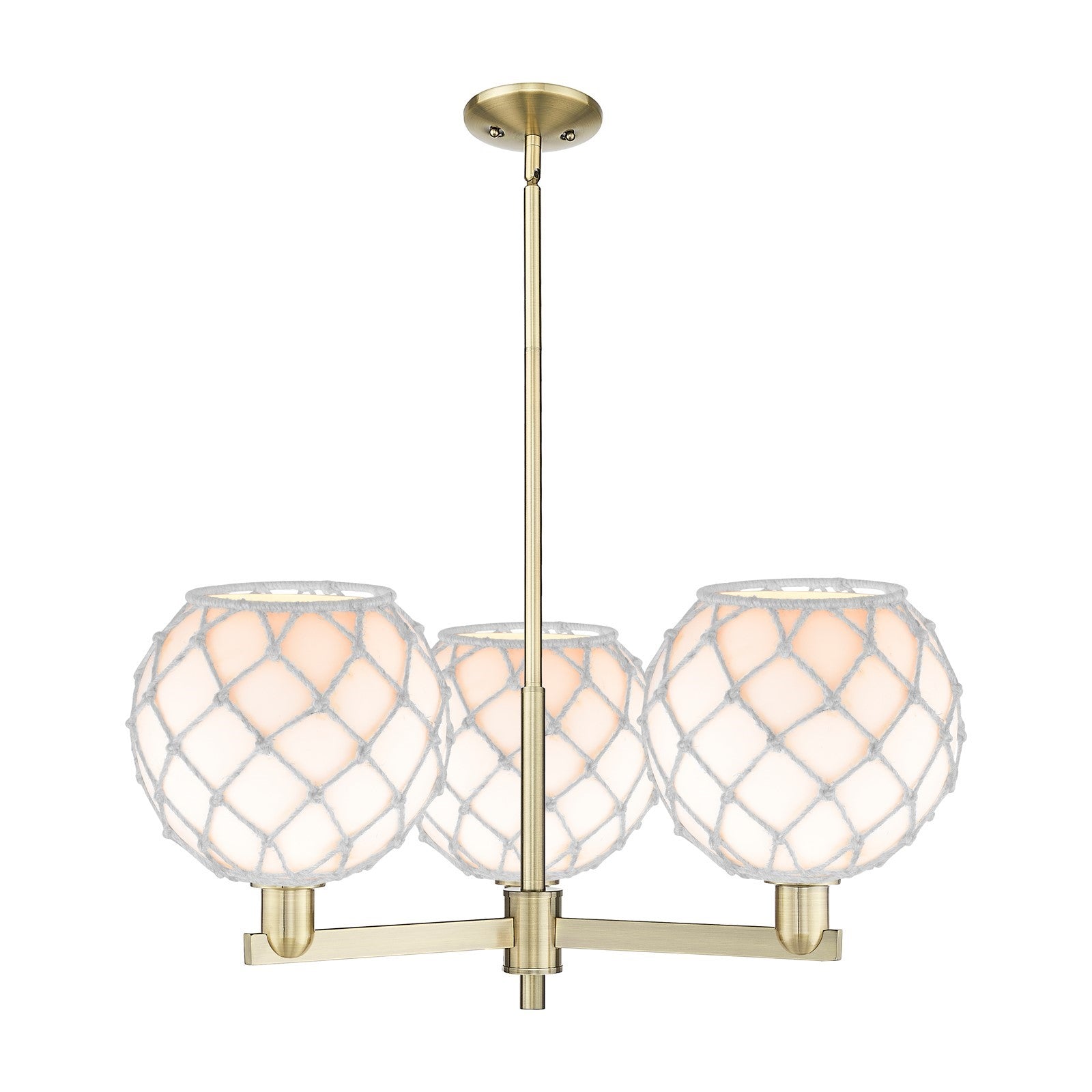 Innovations Farmhouse Rope 32in 3-Light Pendant | Industrial Antique Brass Steel and White Glass with Rope | Kitchen Island & | Model 716-3CR-AB-G121-10RW