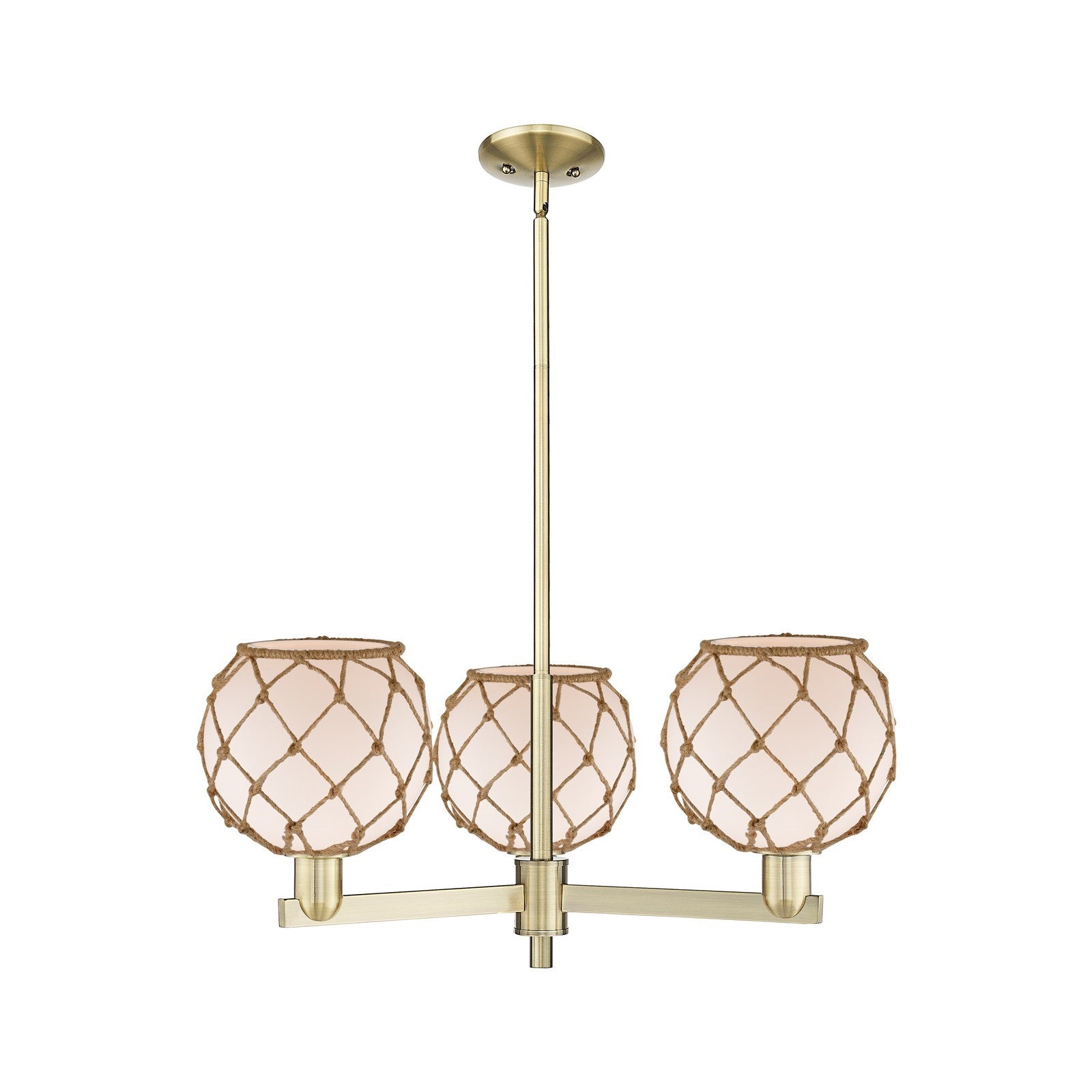 Innovations Farmhouse Rope 30in 3-Light Pendant | Industrial Antique Brass Steel and White Frosted Glass with Brown Rope | Model 716-3CR-AB-G121-8RB