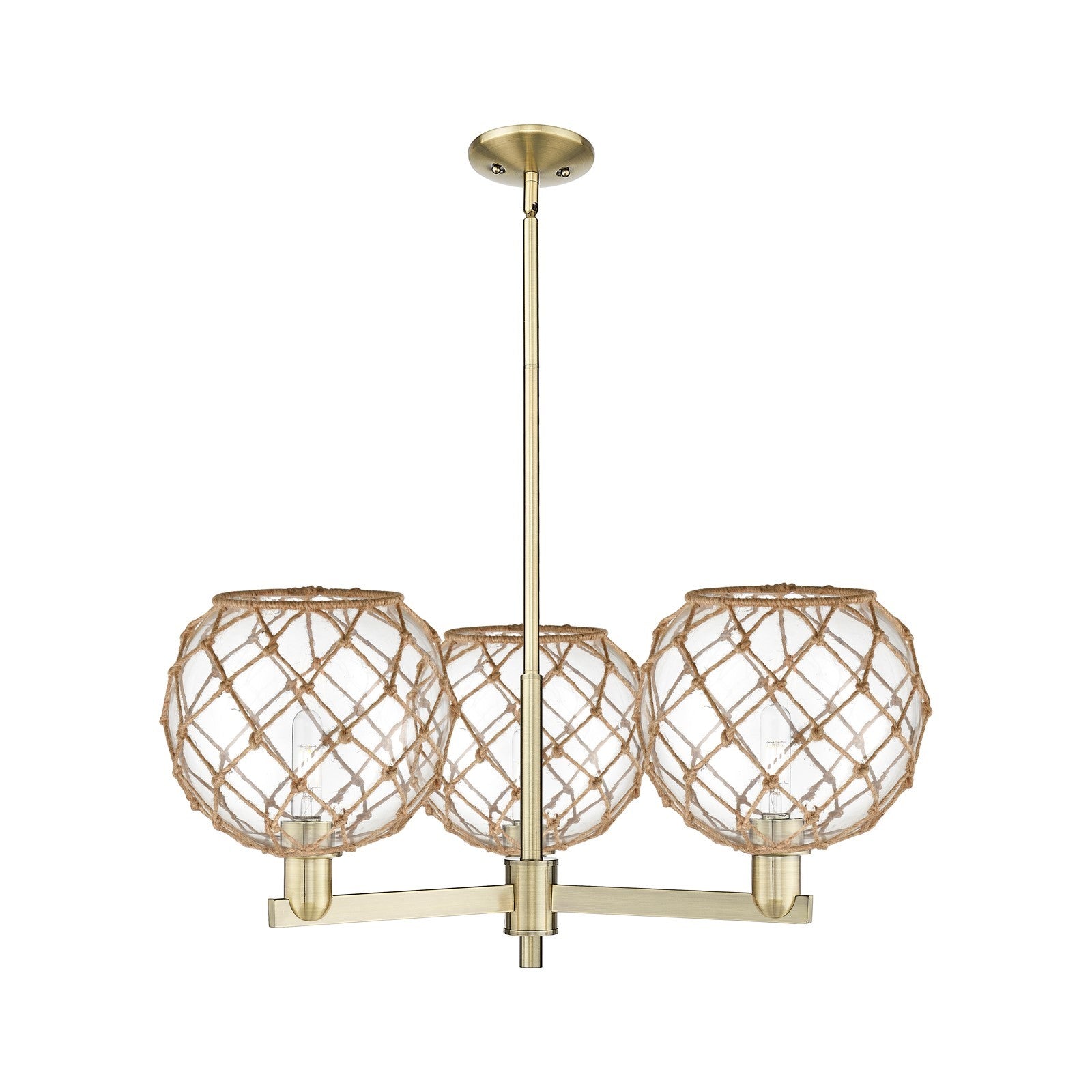 Innovations Farmhouse Rope 32in 3-Light Pendant | Industrial Antique Brass Steel and Clear Glass with Brown Rope | Kitchen | Model 716-3CR-AB-G122-10RB