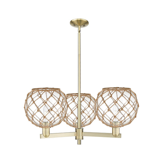 Innovations Farmhouse Rope 32in 3-Light Pendant | Industrial Antique Brass Steel and Clear Glass with Brown Rope | Kitchen | Model 716-3CR-AB-G122-10RB