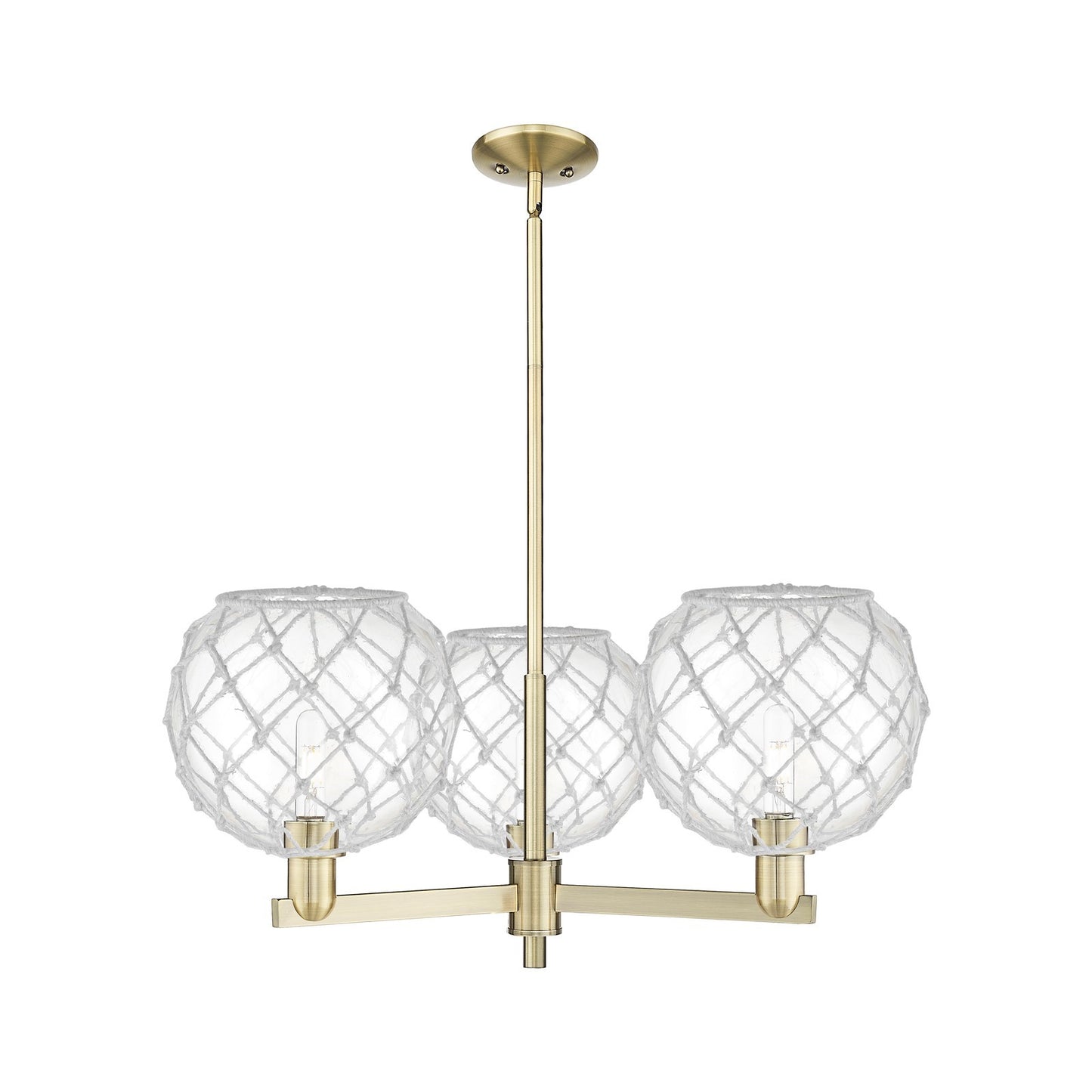 Innovations Farmhouse Rope 32in 3-Light Pendant | Industrial Antique Brass and Clear Glass with White Rope | Kitchen Island & | Model 716-3CR-AB-G122-10RW