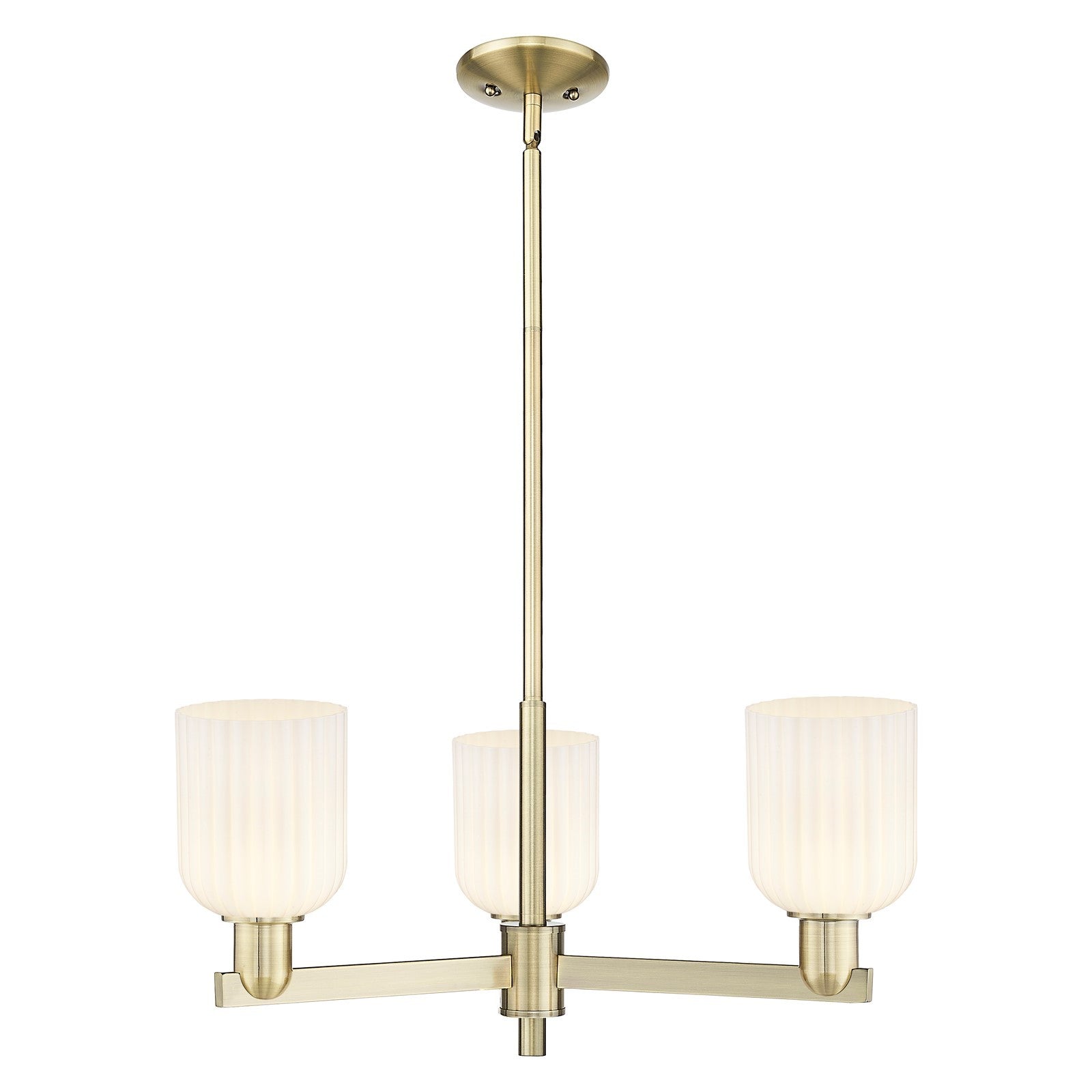 Innovations Bridal Veil 26.75in 3-Light Pendant | Industrial Antique Brass and Gloss White Ribbed Glass | Kitchen Island & | Model 716-3CR-AB-G559-5GWH