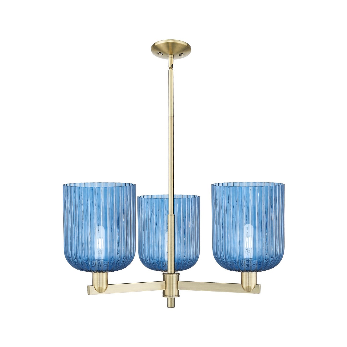 Innovations Bridal Veil 30in 3-Light Pendant | Industrial Antique Brass and Princess Blue Ribbed Glass | Kitchen Island & | Model 716-3CR-AB-G559-8BL