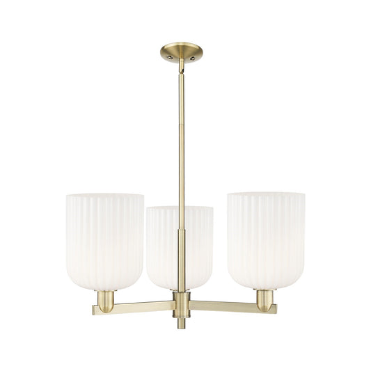 Innovations Bridal Veil 30in 3-Light Pendant | Industrial Antique Brass Steel and Gloss White Ribbed Glass | Kitchen Island & | Model 716-3CR-AB-G559-8GWH
