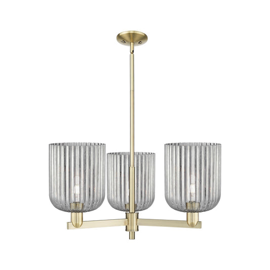 Innovations Bridal Veil 30in 3-Light Pendant | Industrial Antique Brass Steel and Light Smoke Ribbed Glass | Kitchen Island & | Model 716-3CR-AB-G559-8SM