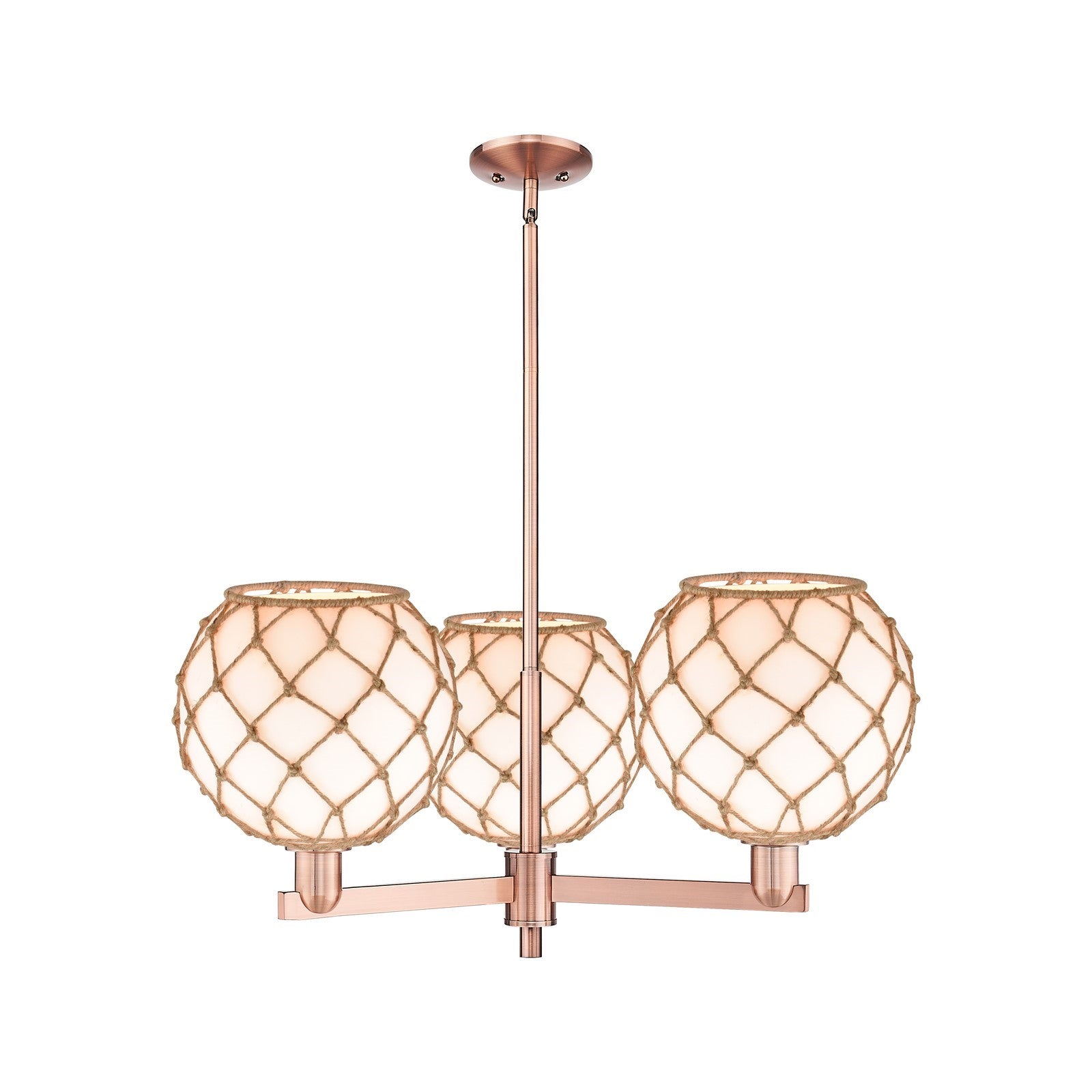 Innovations Farmhouse Rope 32in 3-Light Pendant | Industrial Antique Copper Steel and Matte White Glass with Brown Rope | Model 716-3CR-AC-G121-10RB